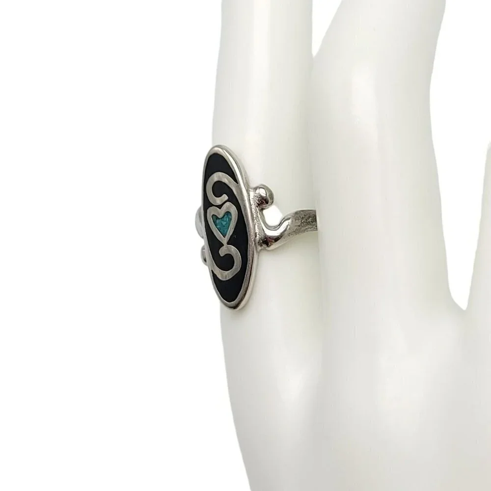 Sterling Silver Blue Turquoise Chip Black Onyx Inlay Ring Size 8 Vintage Signed